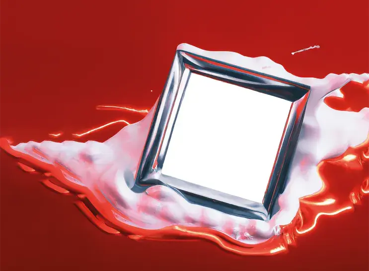 Metalized plastic sample square surrounded with white resin