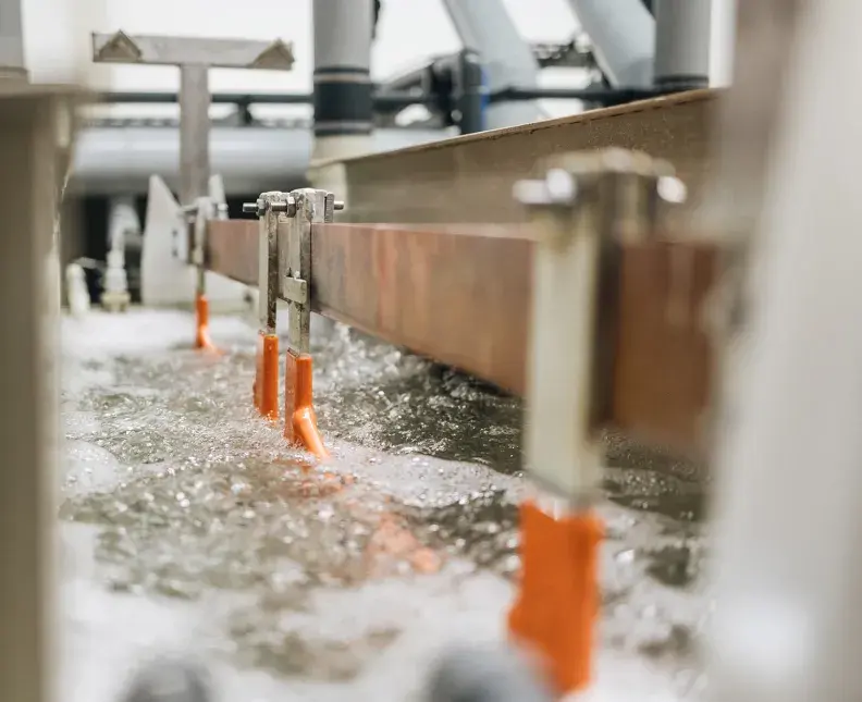 closeup of a plating bath with visible immersed racks