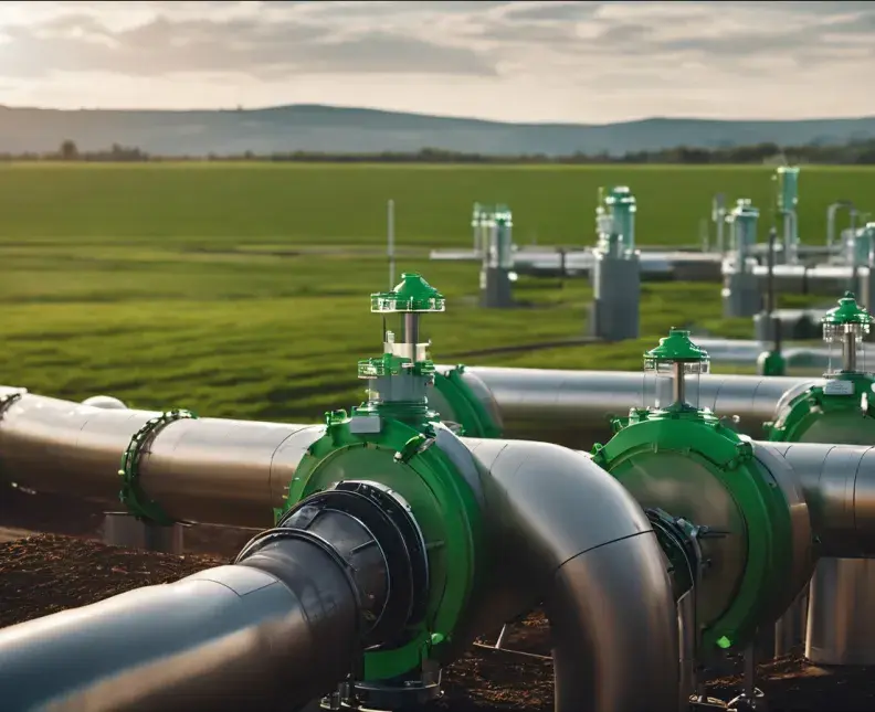 field with pipes transporting green hydrogen