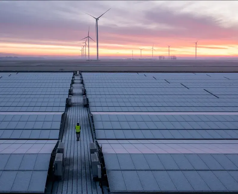 a person walking trough a solar panel farm at dusk