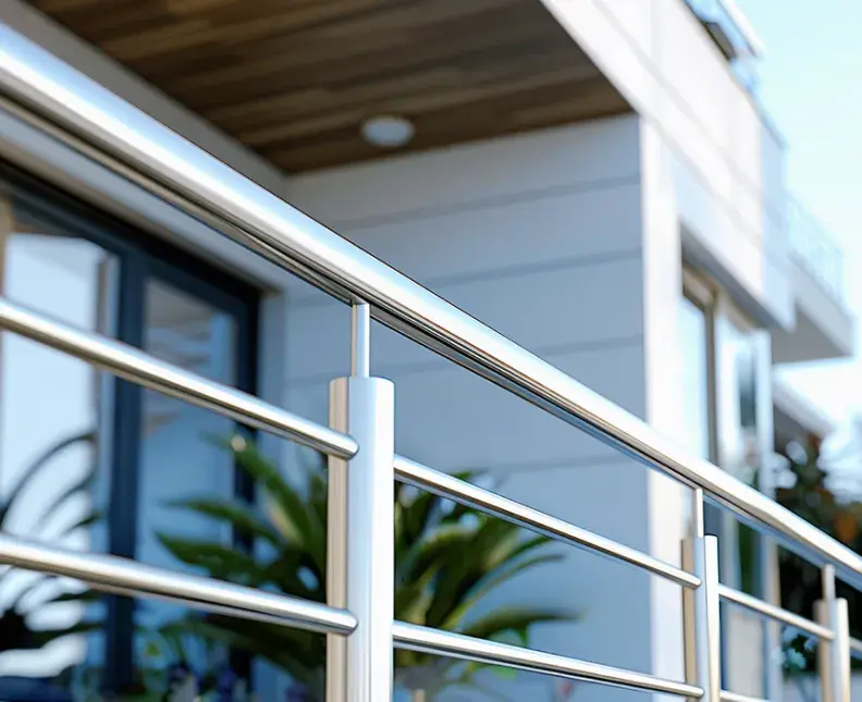 Wide angle shot of a building, with aluminum hand rail in the foreground